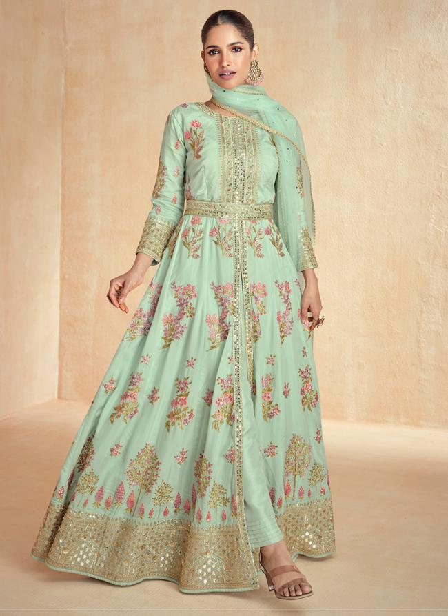 Premium Silk Sea Green Wedding Wear Embroidery Work Readymade Anarkali Suit